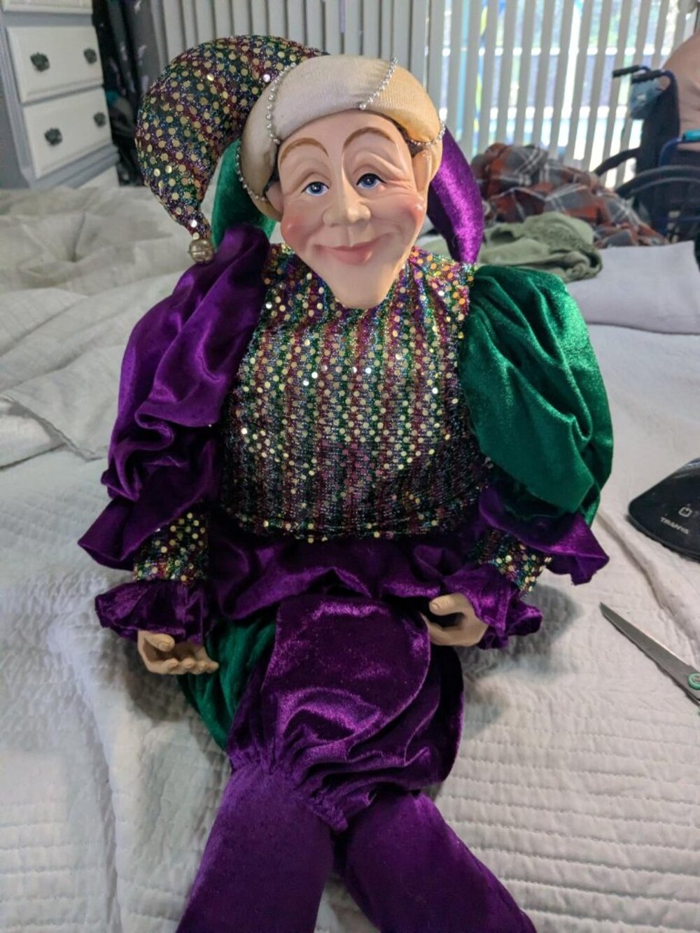 VTG. Retro 42" Mardi Gras Jester Doll Wayne Kleski Attributed Purple Green Gold